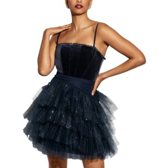 Betsy & Adam Dress Blue Fit & Flare Glitter Tulle Ruffle Sparkle Tiered Size 2 - Picture 1 of 13